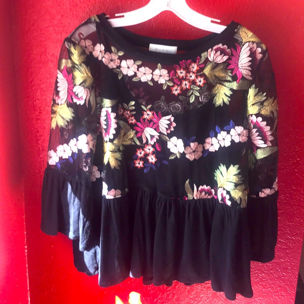 Black floral embroidered peplum top